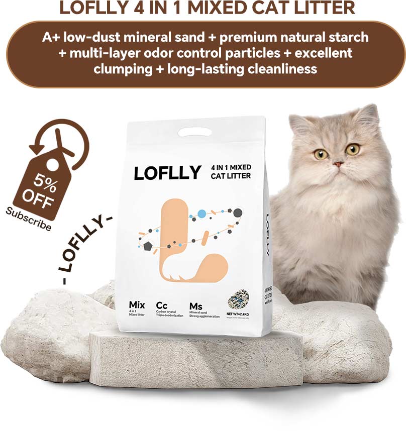 LOFLLY 4-in-1 Mixed Cat Litter packaging with “Subscribe & Save 5%” offer, featuring a cat and natural mineral stones backdrop
