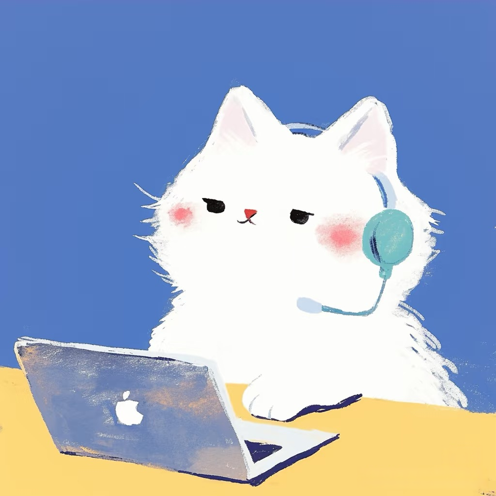 Cartoon illustration of a white cat wearing a headset and using a laptop to represent LOFLLY customer support