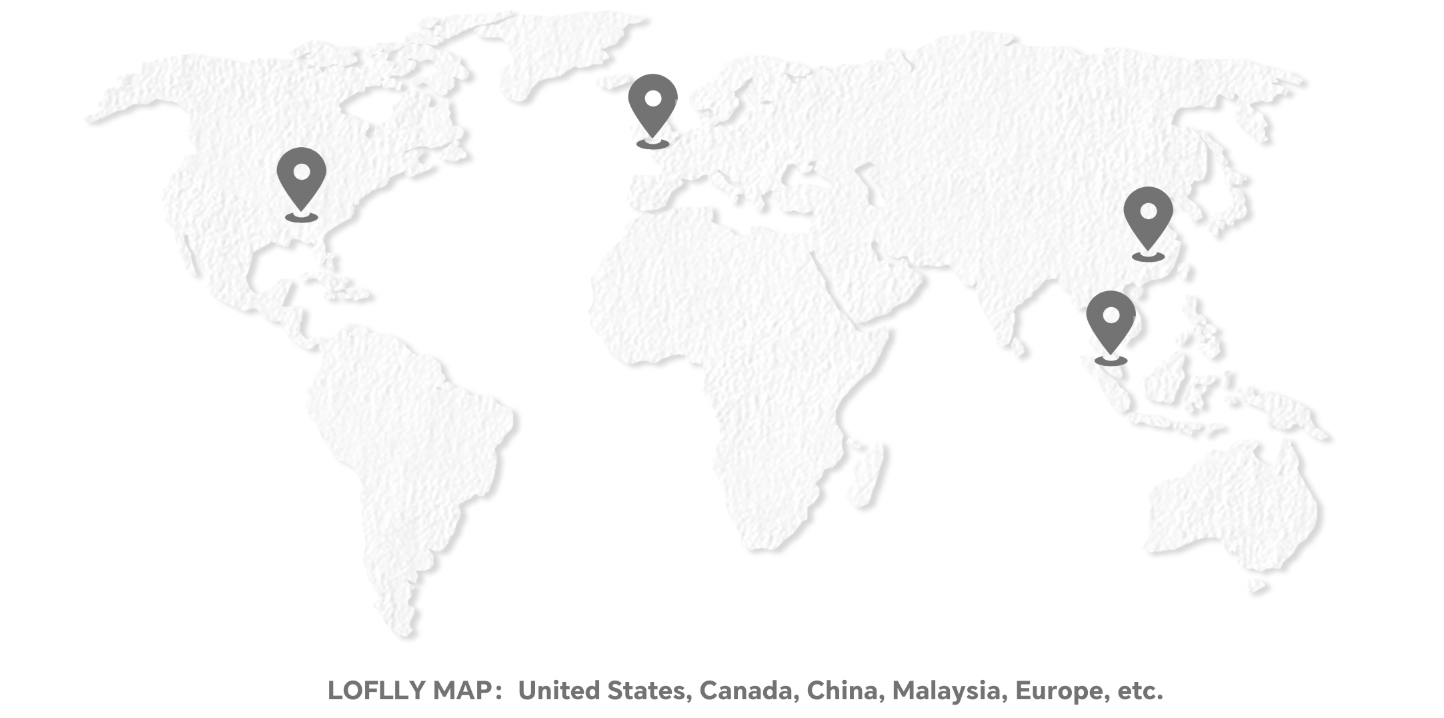 LOFLLY global distribution map highlighting availability in United States, Canada, China, Malaysia, and Europe