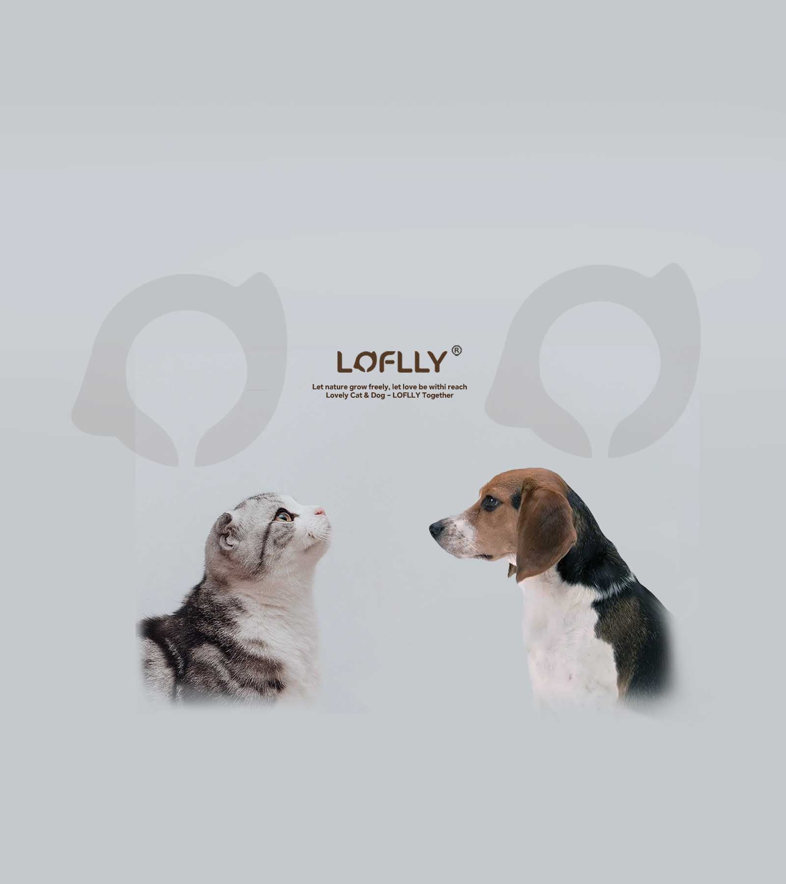 LOFLLY logo flanked by a cat on the left and a dog on the right against a light backdrop
