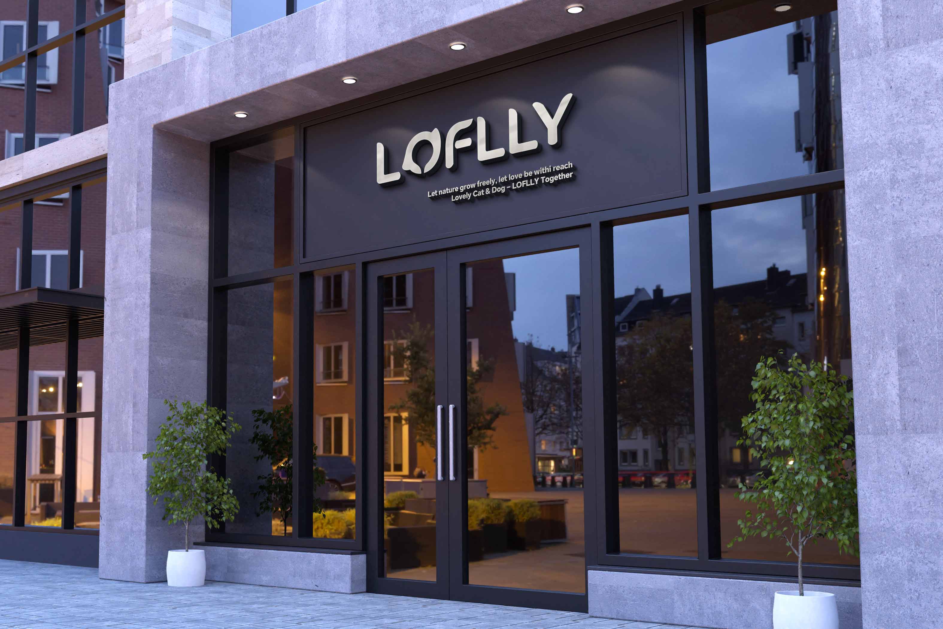 Exterior view of LOFLLY retail storefront with modern glass facade and branded signage