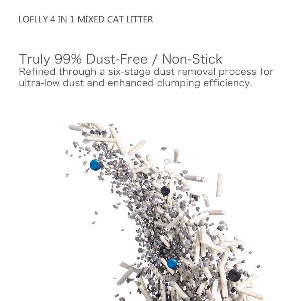 Airborne LOFLLY 4‑in‑1 Mixed Cat Litter granules – truly 99% dust‑free, non‑stick tofu & mineral sand formula refined through a six‑stage dust removal process for maximum cleanliness