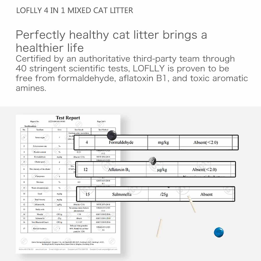 CTI certified health test report for LOFLLY 4‑in‑1 Mixed Cat Litter confirming absence of formaldehyde, aflatoxin B1 and Salmonella