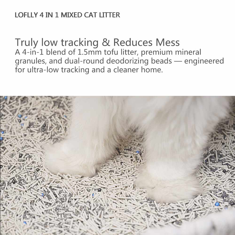 Fluffy cat paws on LOFLLY 4‑in‑1 Mixed Cat Litter low‑tracking granules that reduce mess; truly dust‑free, flushable clumping tofu & mineral sand formula
