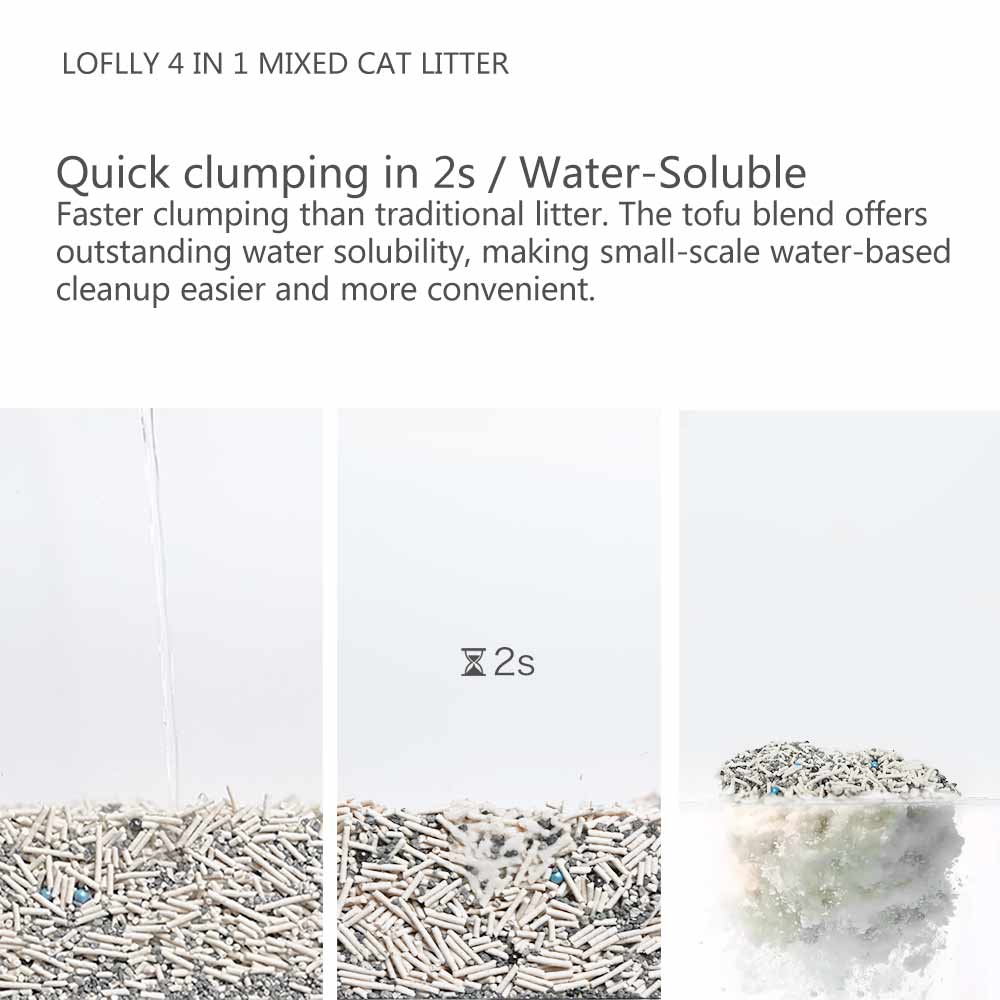 LOFLLY 4‑in‑1 Mixed Cat Litter clumps in 2 seconds with water‑soluble tofu & mineral sand formula for easy flushable cleanup