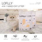 Fluffy long‑haired cat interacting with LOFLLY 4‑in‑1 Mixed Cat Litter bag on a cozy living room floor, demonstrating real‑life product use