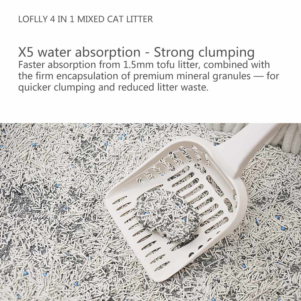 Plastic scoop lifting a clump of LOFLLY 4‑in‑1 Mixed Cat Litter showcasing X5 water absorption and strong clumping  