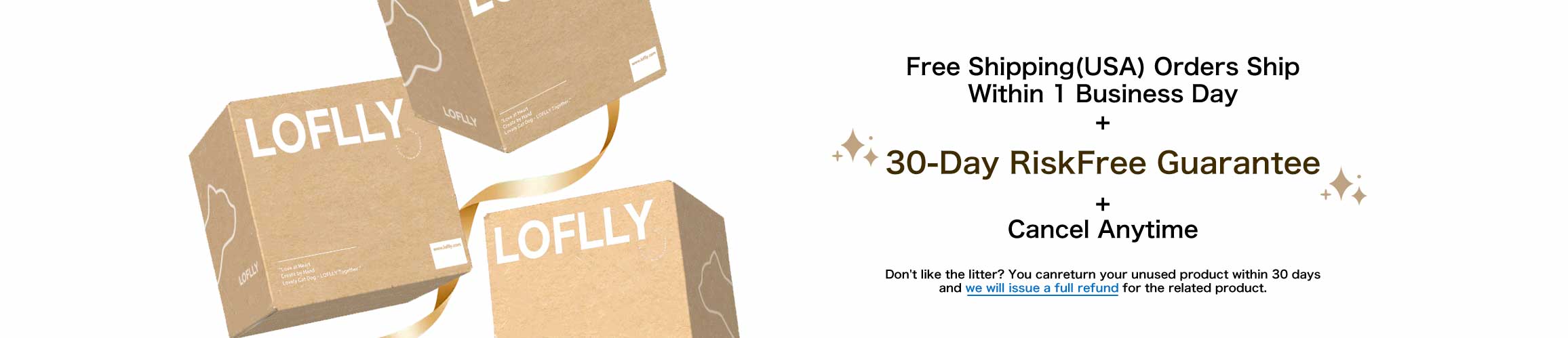 LOFLLY free shipping (USA) within 1 business day and 30-day risk-free guarantee banner – cancel anytime for a full refund