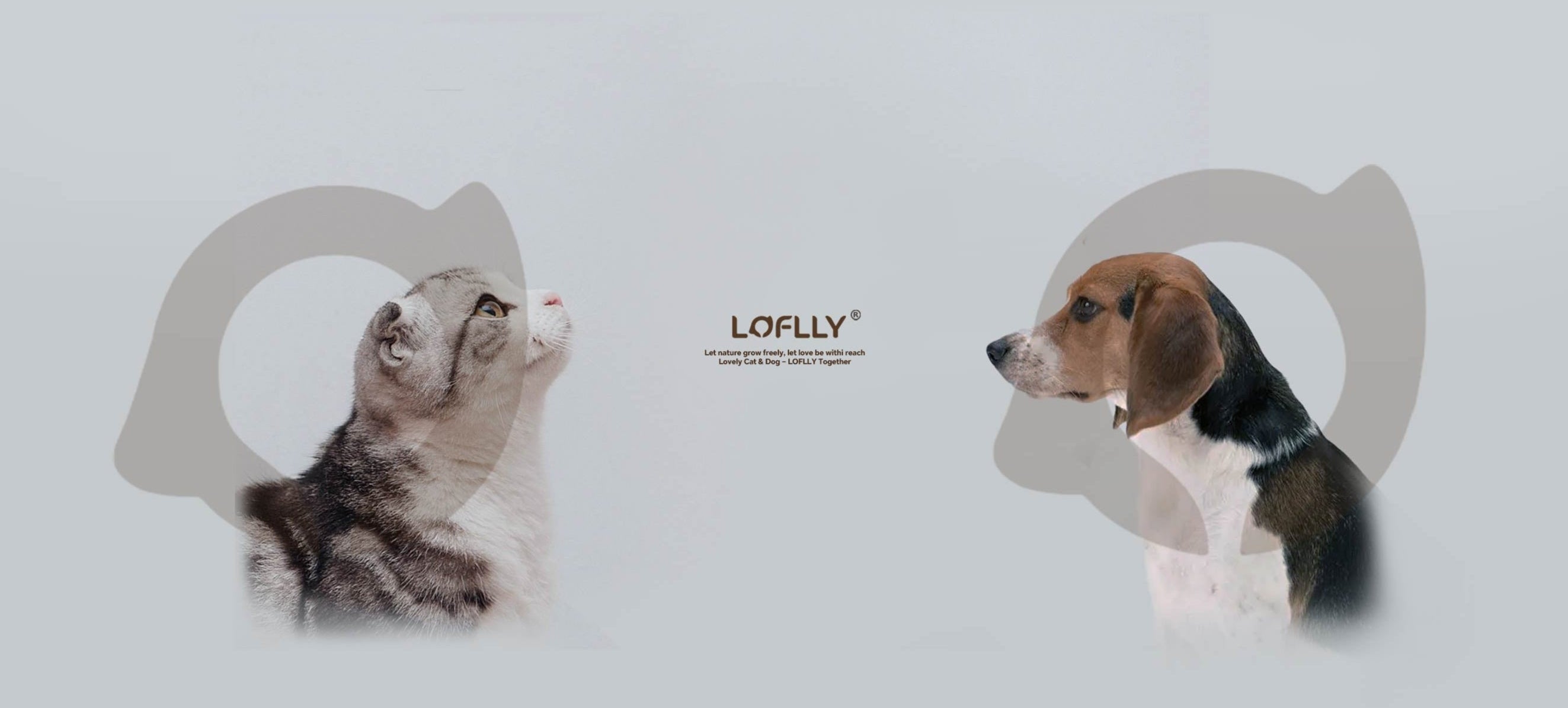 LOFLLY logo flanked by a cat on the left and a dog on the right against a light backdrop
