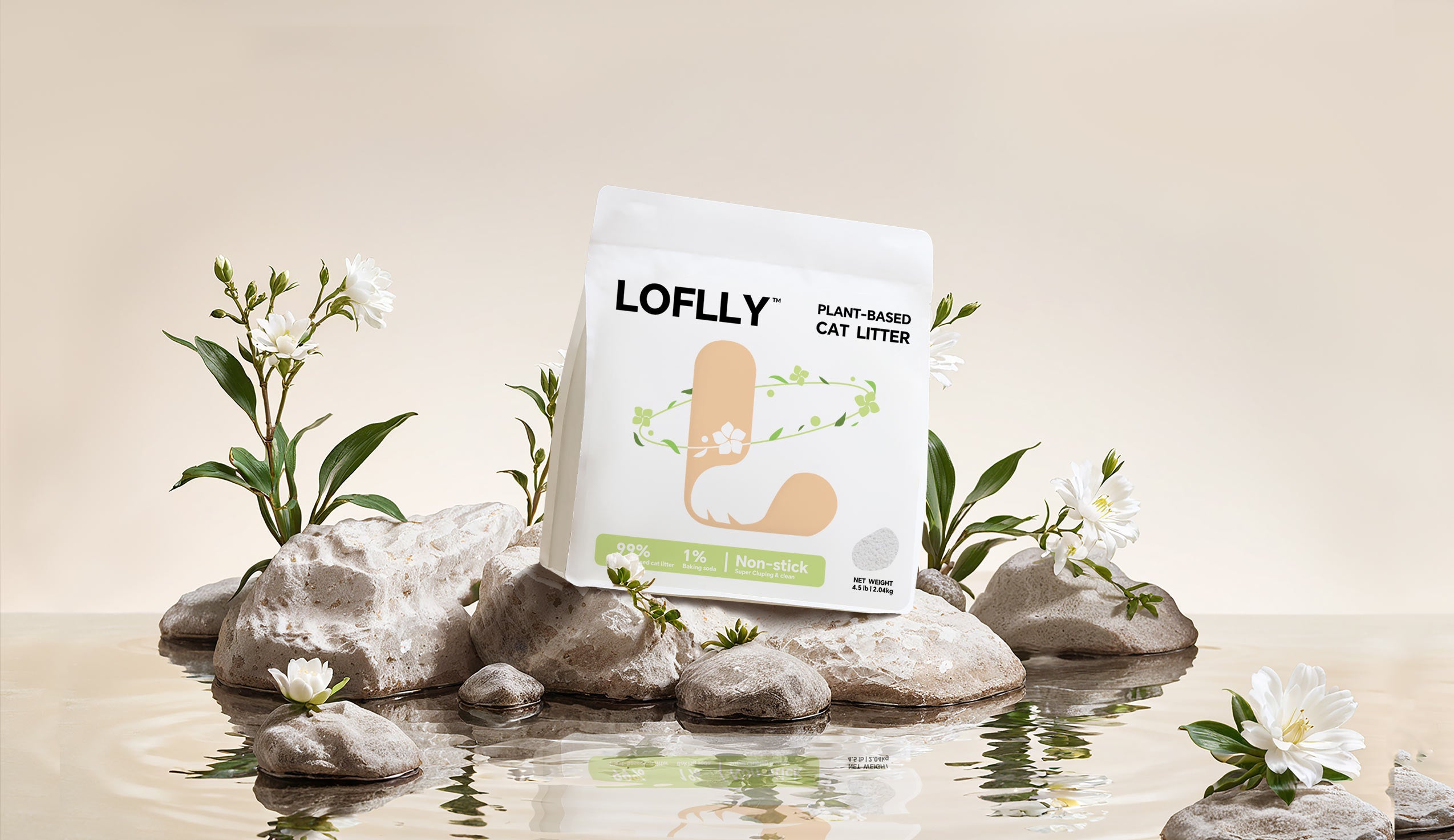 LOFLLY Plant-Based Cat Litter displayed in natural water and stone scene with flowers, desktop view
