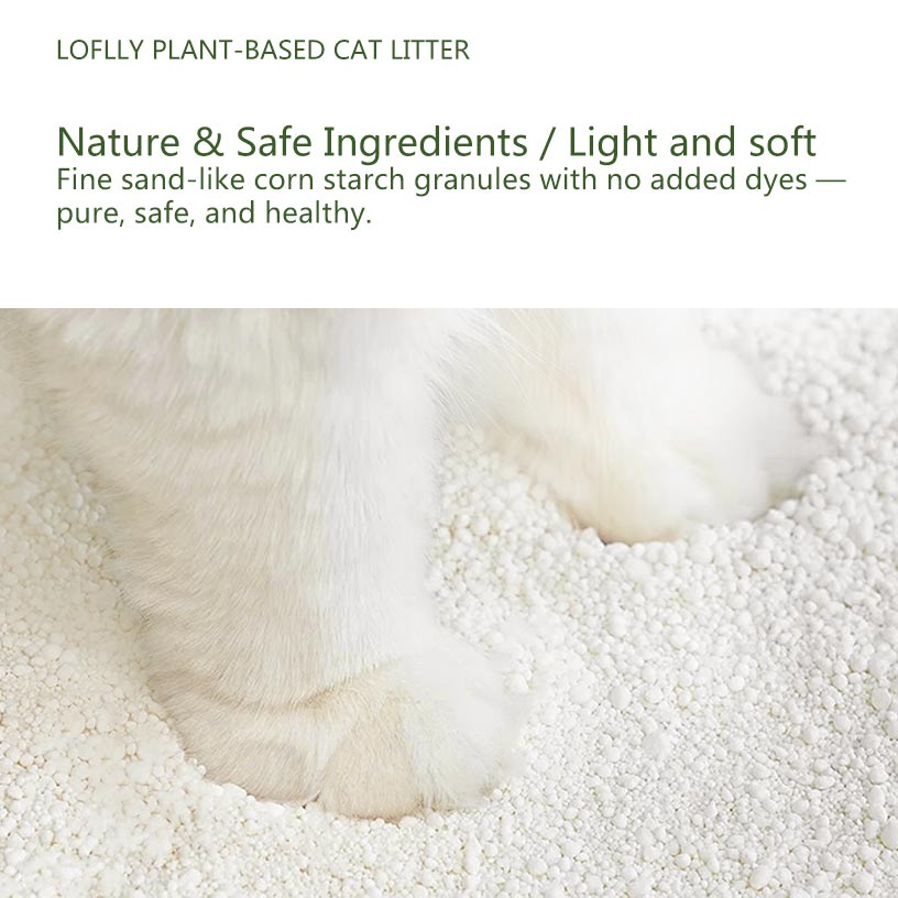 Close‑up of fluffy cat paws on LOFLLY plant‑based cat litter’s fine, sand‑like corn starch granules—natural, safe, light and soft with no added dyes