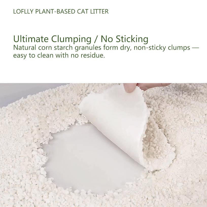 Hand lifting a dry, non‑sticky clump of LOFLLY plant‑based cat litter demonstrating ultimate clumping for easy, residue‑free cleanup