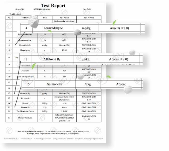 CTI safety test report for LOFLLY Plant-Based Corn-Starch Cat Litter showing formaldehyde, aflatoxin B1 and salmonella absent, meeting national health standards