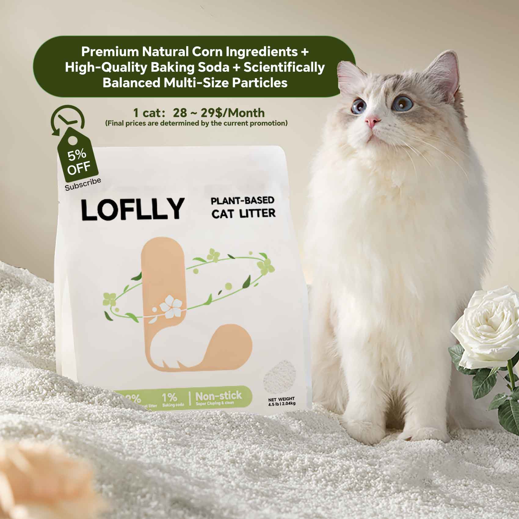 LOFLLY Plant-Based Cat Litter packaging with “Subscribe & Save 5%” offer, displayed alongside a cat on natural granules